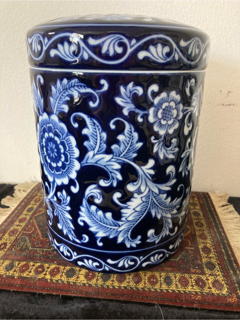 Pier 1 Blue and White Floral Ceramic Lidded Canister